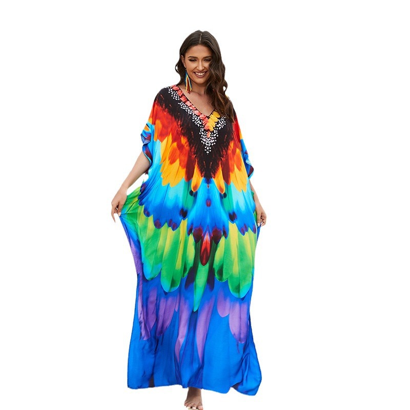 Women's Rayon Tie-Dye Maxi Dress Cover-Up Beach Long Robe Loose Boho Kimono Swimwear Wrap Sun Protection_voghion.com