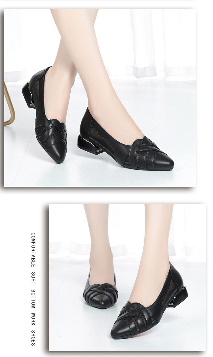 Sandal nữ da bò gót vuông thấp quai chữ V miệng nông mùa hè — Màu be xám (toàn bộ da bò) chi tiết 11