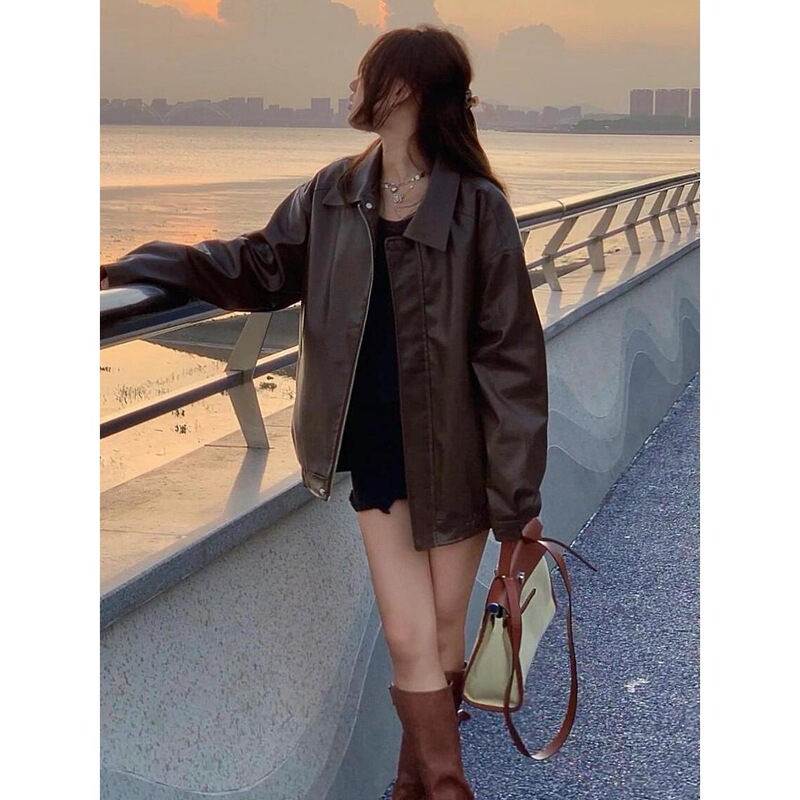 美拉德ins复古国潮机车风皮衣外套女秋季新款宽松显瘦休闲夹克潮|undefined