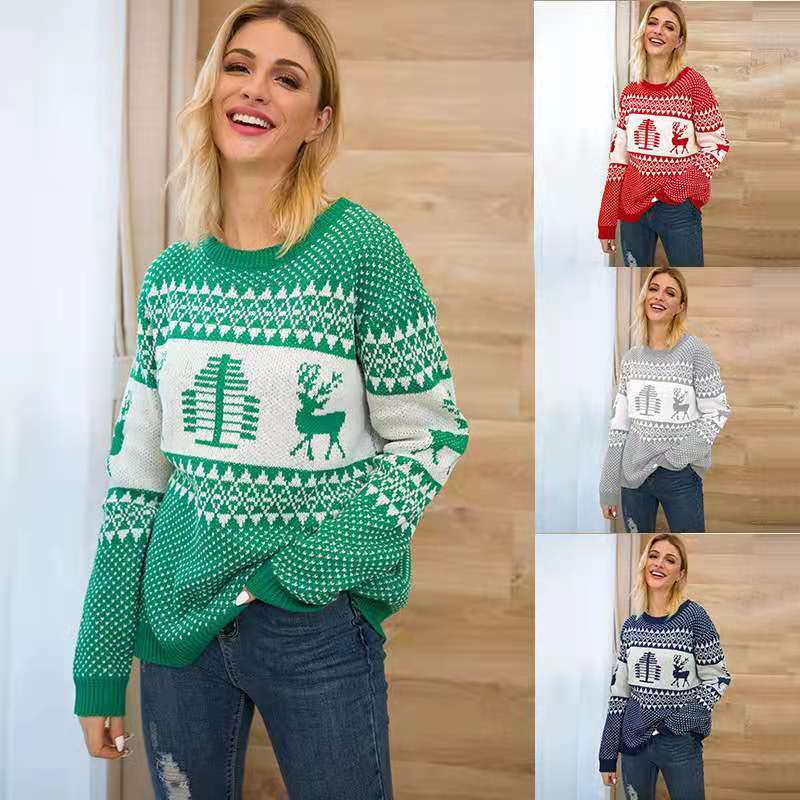 European and American Christmas Sweater Women's Autumn and Winter New Amazon Cross-Border Geometric Elk Jacquard Casual Round Neck Sweater