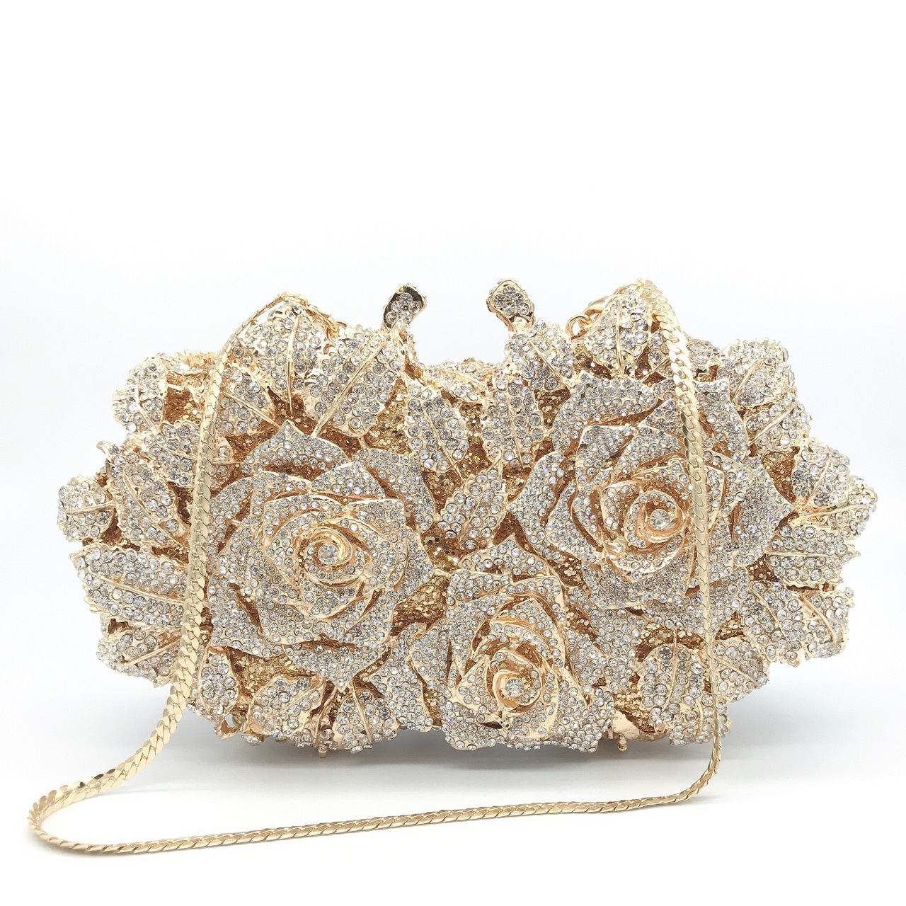 Seleccione estrictamente hueco rosa diamantes bolsa de cena caja dura de metal vestido de noche bolsa de mujer bolsa de diamantes de banquete bolsa de mano