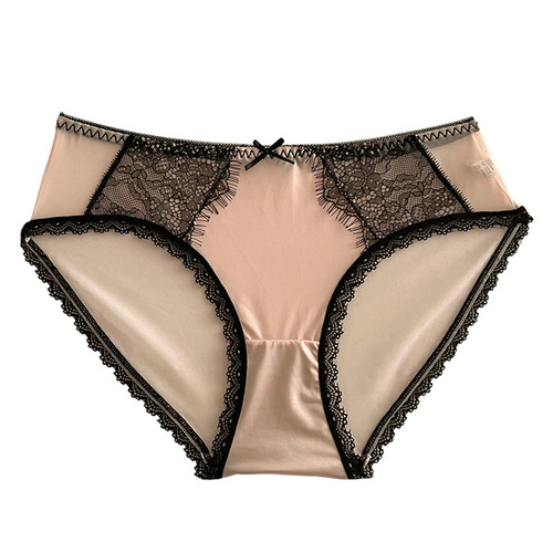 French sexy lace briefs for women, cotton crotch, breathable and comfortable, low-waisted satin mesh semi-transparent briefs for women