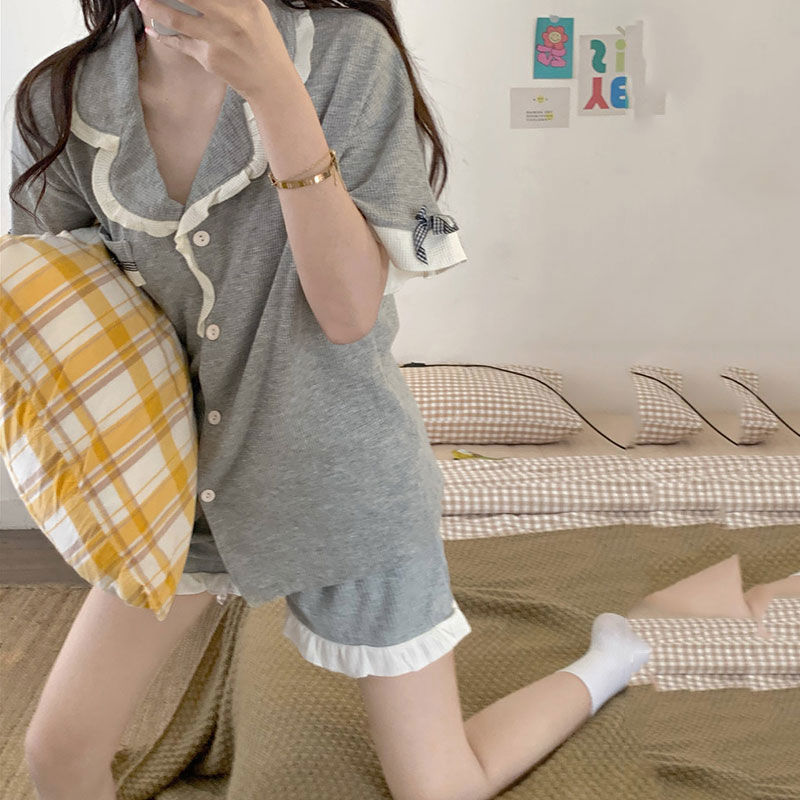 可爱撞色格子番茄睡衣女夏季新款甜美简约短袖短裤宽松家居服套装|undefined