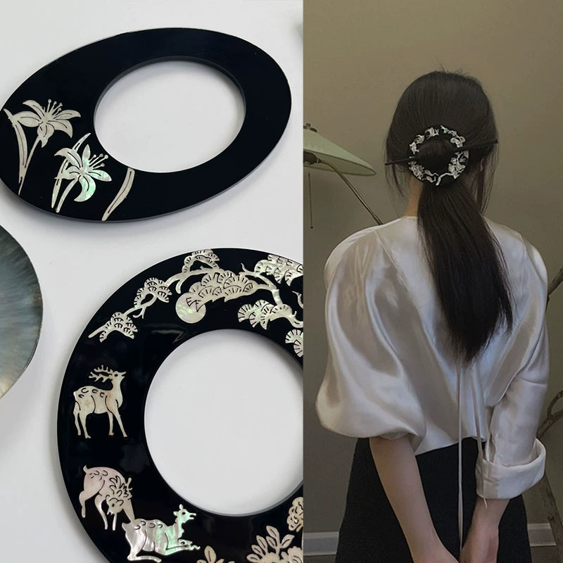 handmade retro Chinese hairpin, shell & acrylic, wooden rod, 18 cm, elegant circle