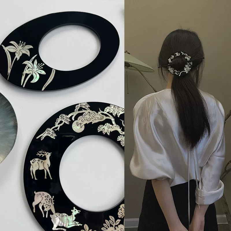 handmade retro Chinese hairpin, shell & acrylic, wooden rod, 18 cm, elegant circle