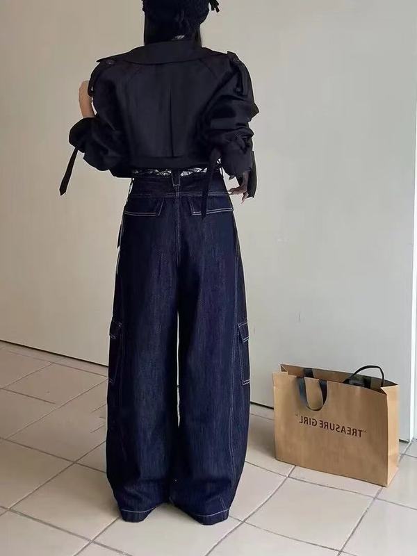 2025早秋新款复古辣妹风工装牛仔裤女高腰宽松显瘦直筒阔腿拖地裤|undefined