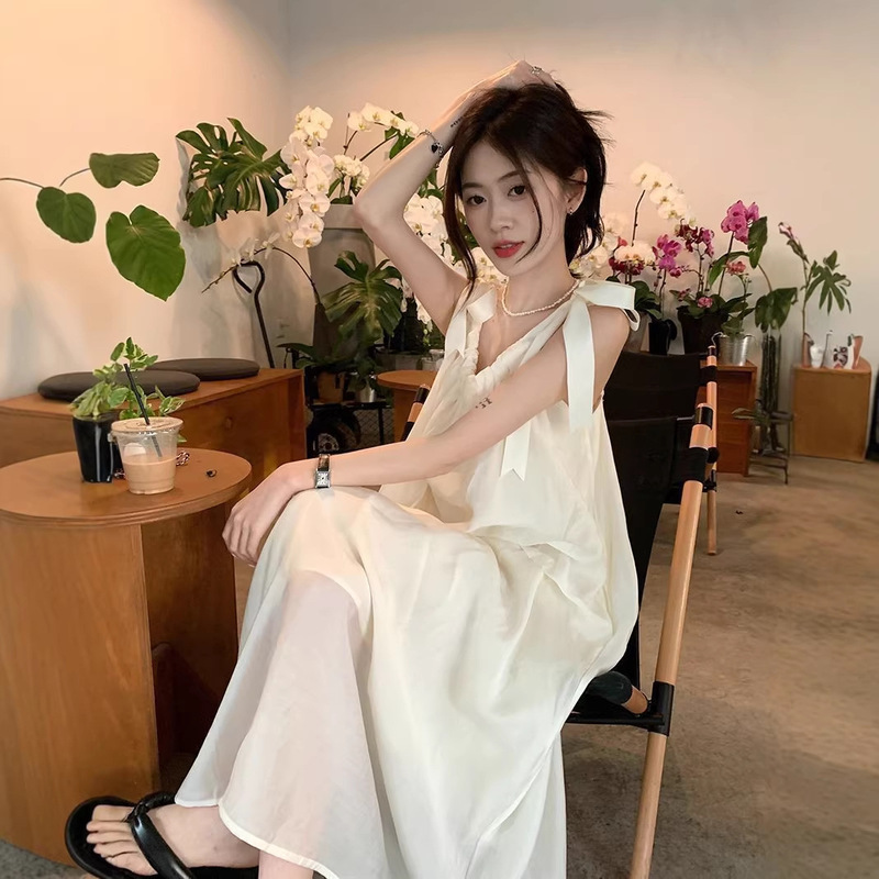 Strappy Halter Neck Dress, Fairy-Like Summer Vacation Style Casual Dress, Lazy Style, Off-The-Shoulder Sleeveless Long Dress Strappy Halter Neck Dress, Fairy-Like Summer Vacation Style Casual Dress, Lazy Style, Off-The-Shoulder Sleeveless Long Dress
