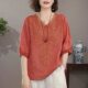 High-end Women's Summer Vintage Gastrodia V-neck Short-sleeved Top Women's Loose plus size Embroidered Thin Shirt