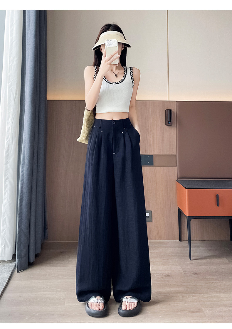 Quần ống rộng vải lụa băng đa năng nữ, phong cách sang trọng mỏng nhẹ mùa hè, quần ống đứng vải lanh Tencel — Màu xanh hải quân (kiểu thông thường) chi tiết 46