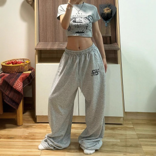 American Retro Embroidered Sports Casual Sweatpants with Loose Back Design Wide-Leg Jazz Dance Wide-Leg Long Pants for Women Trendy