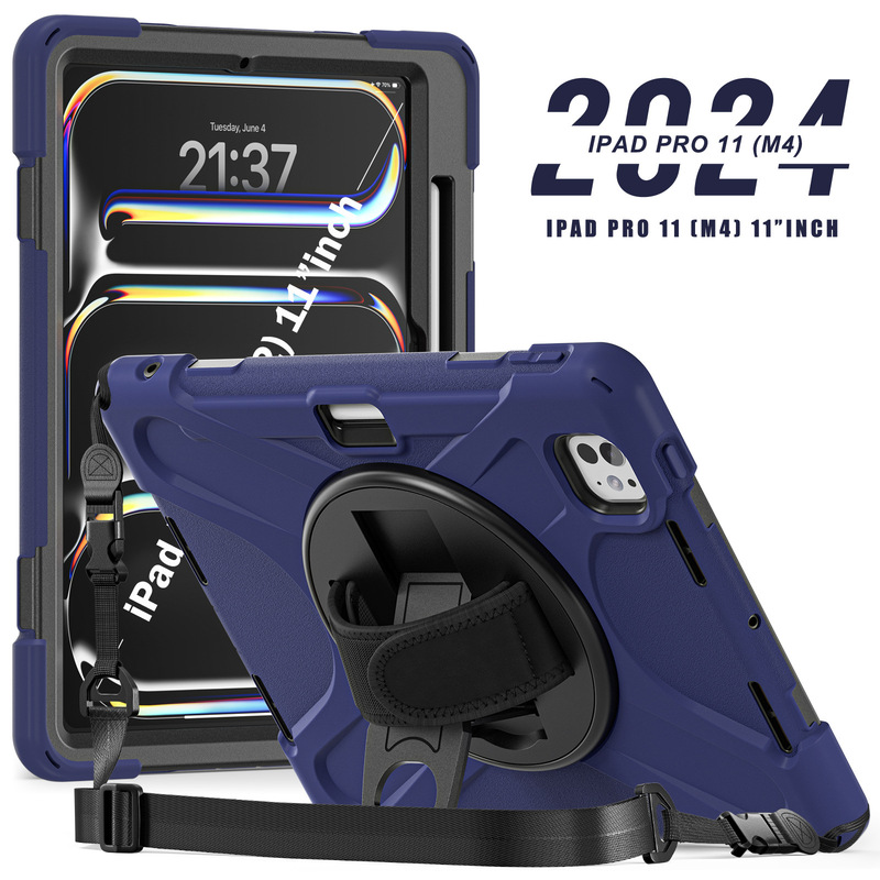For iPad Pro11 2024 Tablet Protective Case M4 Hand Strap Strap Silicone PC Rotating Bracket Anti-drop Case