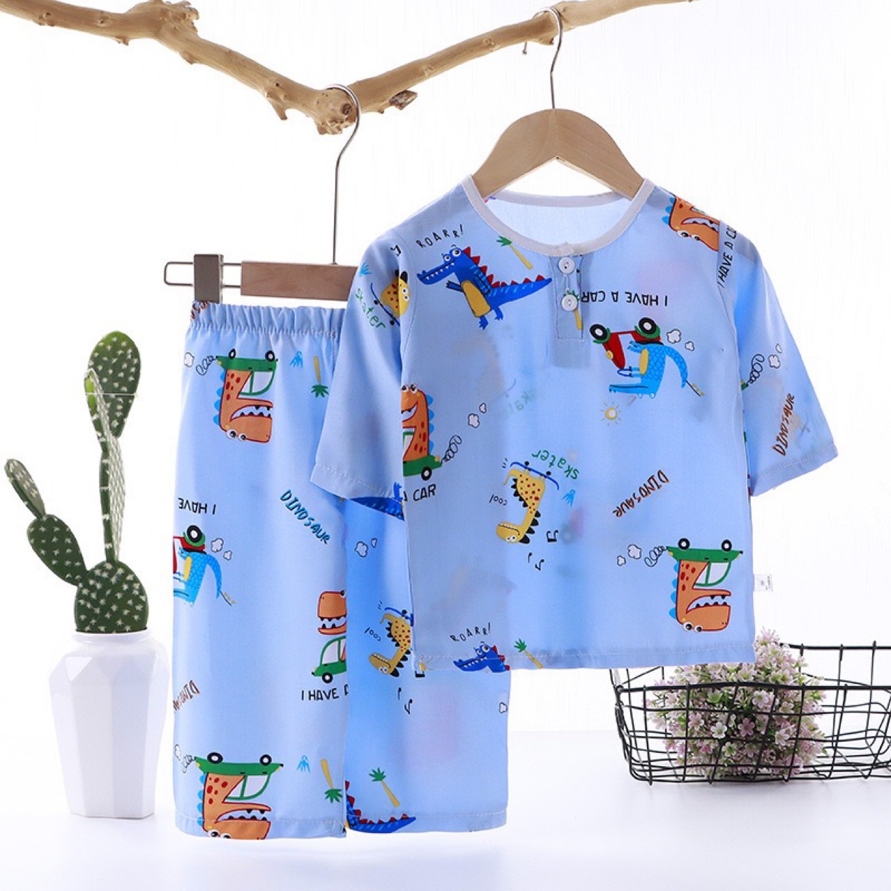 Summer cotton pajamas loungewear set for boys and girls, thin air-conditioned clothing for infants, Class A safety.
