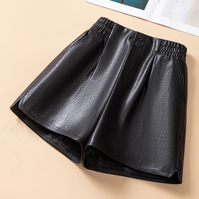 2025 New Leather Shorts Women's Autumn and Winter High-Waisted Loose Three-Quarter Pants A-Line Leather Pants Winter Matching Boots and Boot Pants