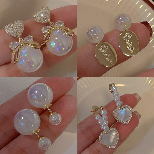 Silver needle zircon love bow mermaid pearl earrings Korean high-end temperament earrings earrings wholesale for women