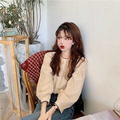 パフスリーブ万能トップス新作シャツ2025日本韓国版春服学生ラウンドネック長袖シャツレディースルーズ
