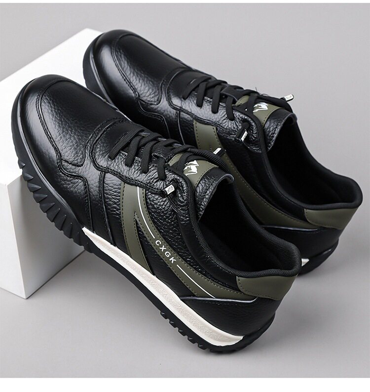 Giày thể thao nam da mềm đế mềm thoáng khí phối sọc, kiểu sneaker cổ thấp — màu trắng ngà, đen, Lớp đầu màu be 6002, Đen đầu lớp 6002 chi tiết 23
