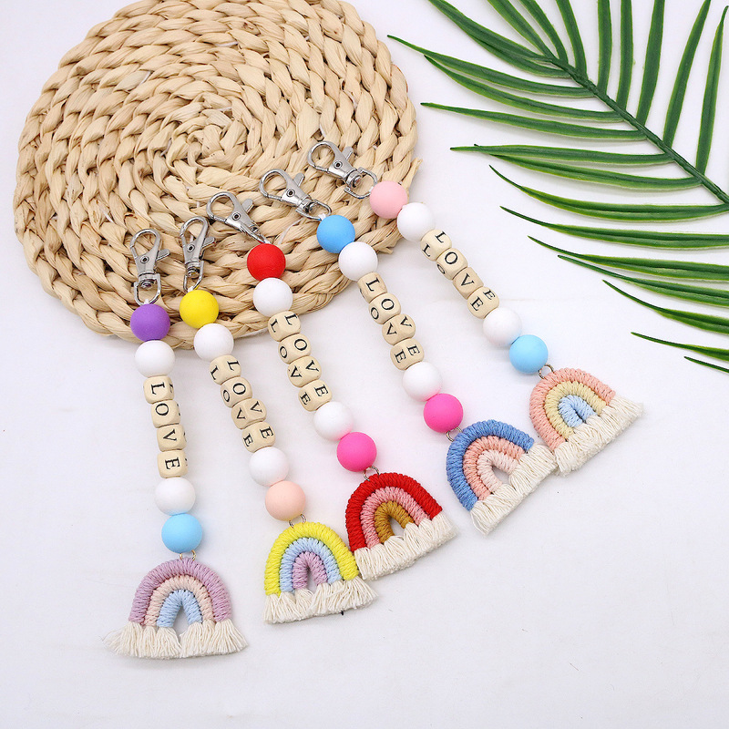 Ins Style DIY Name Wooden Bead Keychain Versatile Cotton Thread Tassel Pendant Bag Accessory Small Rainbow Charm