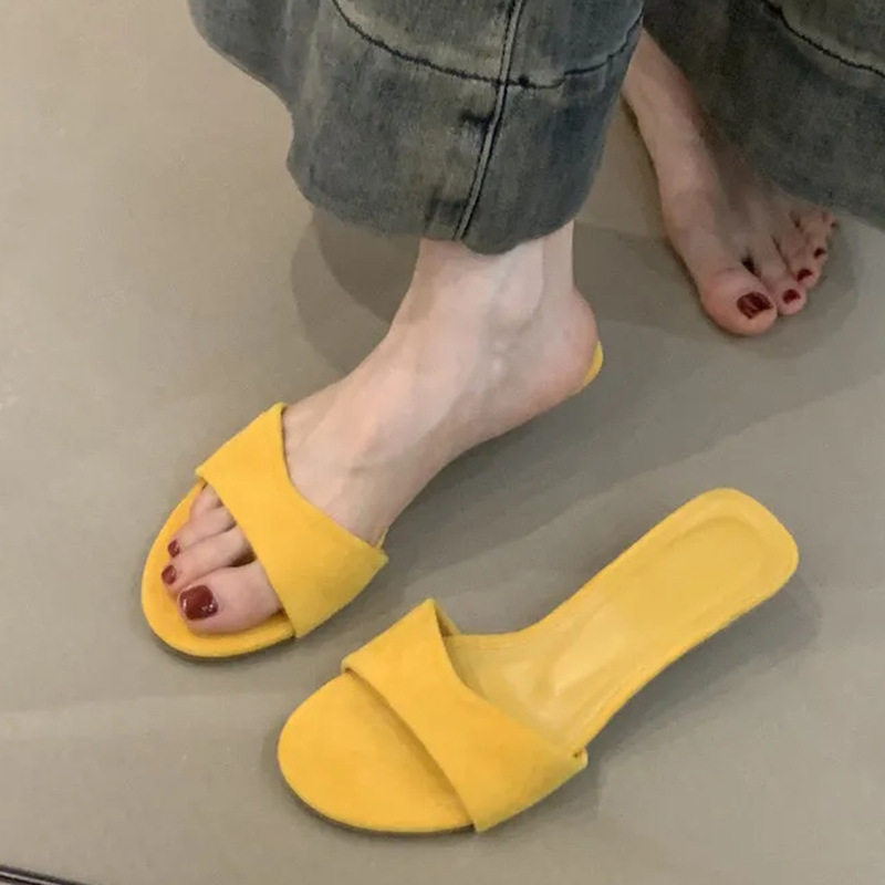复古绒面小坡跟露趾一字拖鞋女外穿舒适软底一脚蹬凉拖鞋|undefined