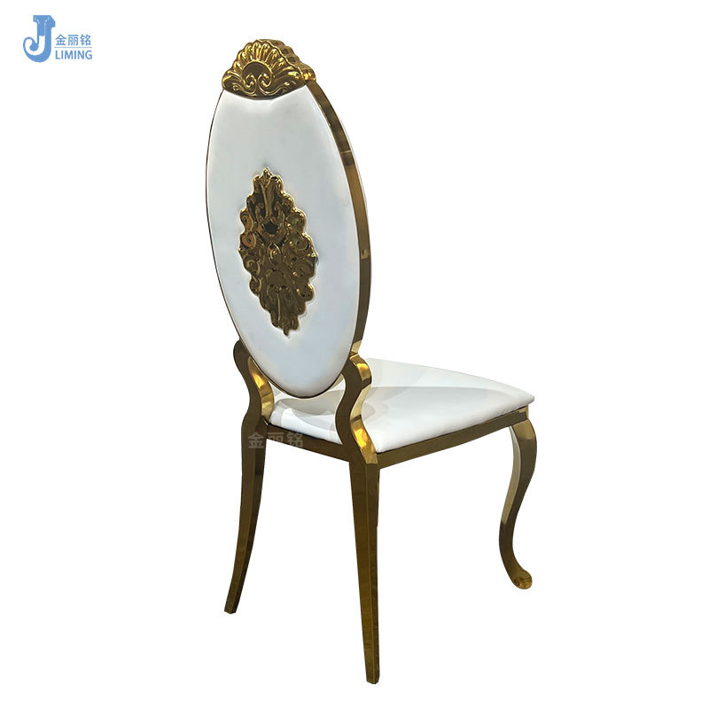 Silla de comedor de acero inoxidable de lujo ligero de moda Silla de comedor de cuero blanco de metal para el hogar Silla de comedor de hotel sala de banquetes tocado de acero inoxidable dorado Silla de flores