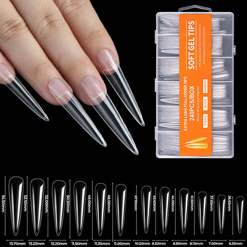 Cross-Border Transparent Full-Length Extra-Long Artistic Nail Tips, 240 Pieces Boxed, Nail Art False Nail Tips, Factory Wholesale