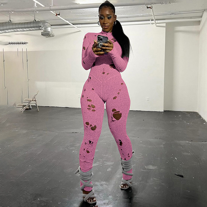 Estilo europeo y americano 2024 nueva tendencia de otoño personalidad calle tejido agujero hueco cintura alta pantalones ajustados de una pieza mujer