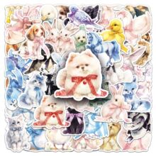 50张蝴蝶结动物贴纸可爱软萌卡通创意防水装饰保温杯手帐咕卡贴纸