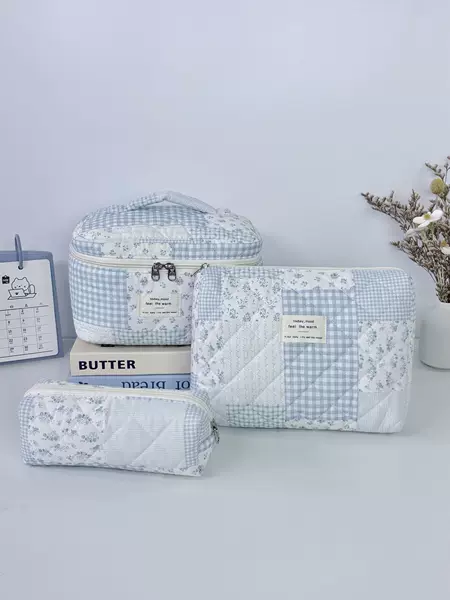 Cross-Border Floral Patterned Vertical Makeup Bag with Large Capacity, Partitioned Quilted Hand-Held Toiletry Bag, Portable Travel Makeup Storage Bag