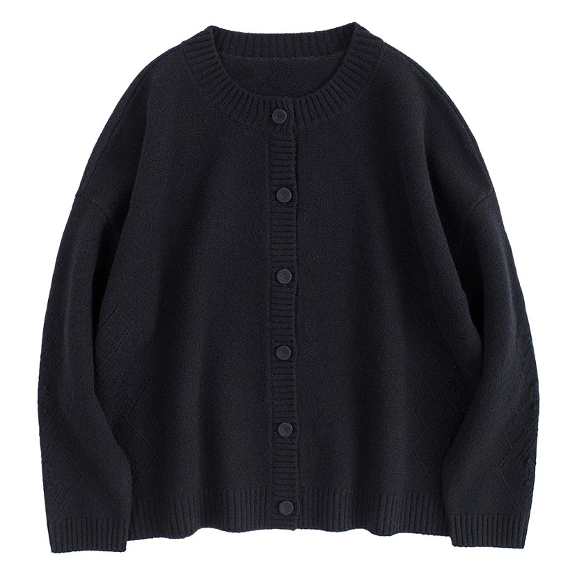 2025 Autumn and Winter Natural Autumn and Winter Casual Retro Pattern Black All Wool Cardigan Knitted Sweater for Women