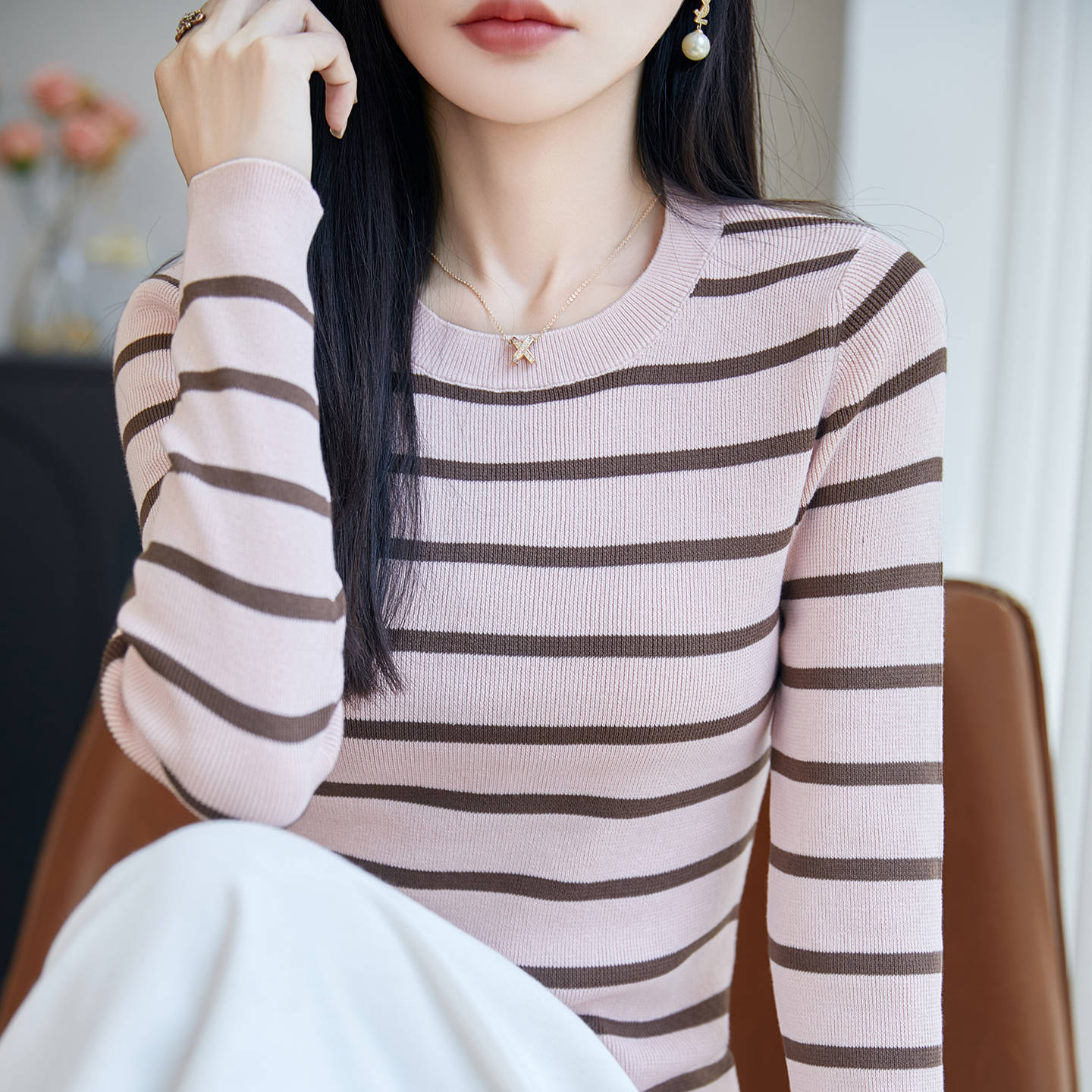 100%纯棉线条纹针织衫女修身显瘦坑条撞色经典打底衫长袖毛衣线衫
