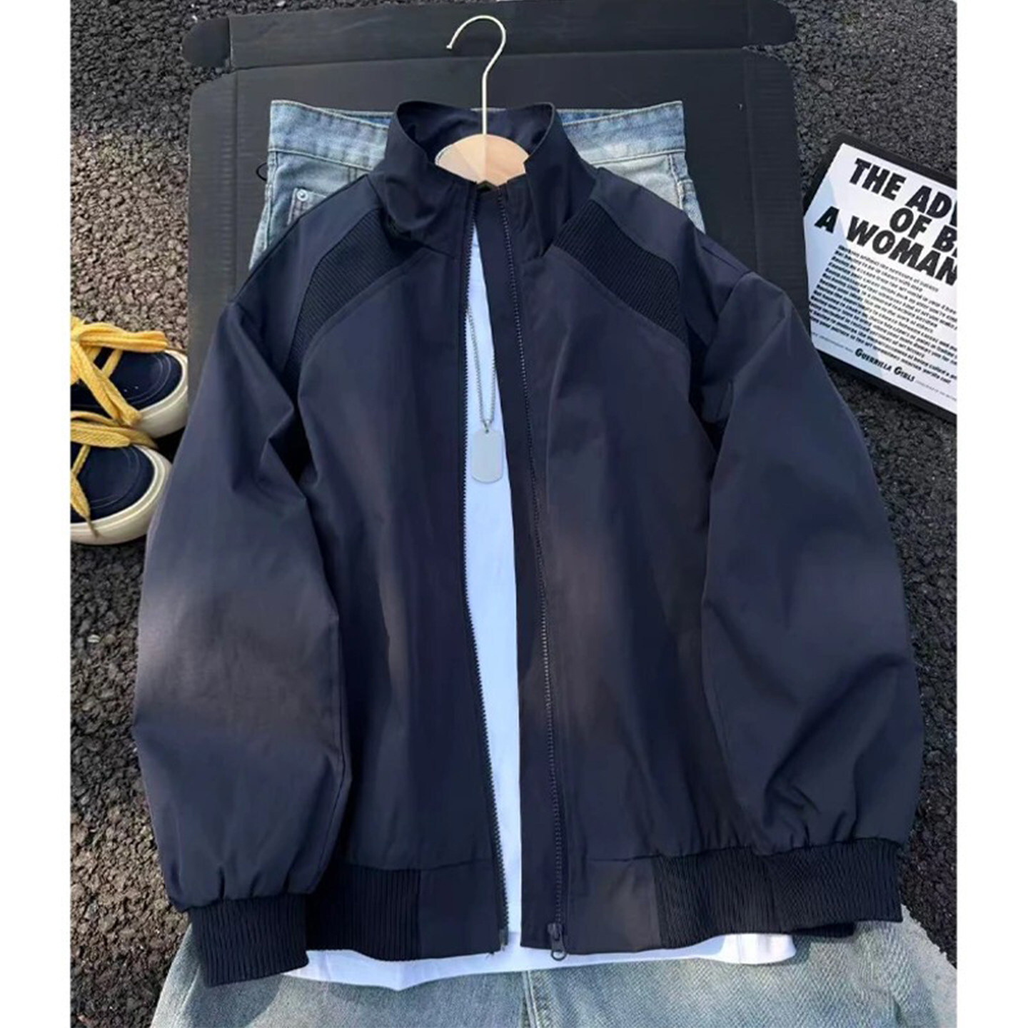 藏蓝色美式斜切廓形外套男款春秋潮牌立领棒球服cleanfit飞行夹克