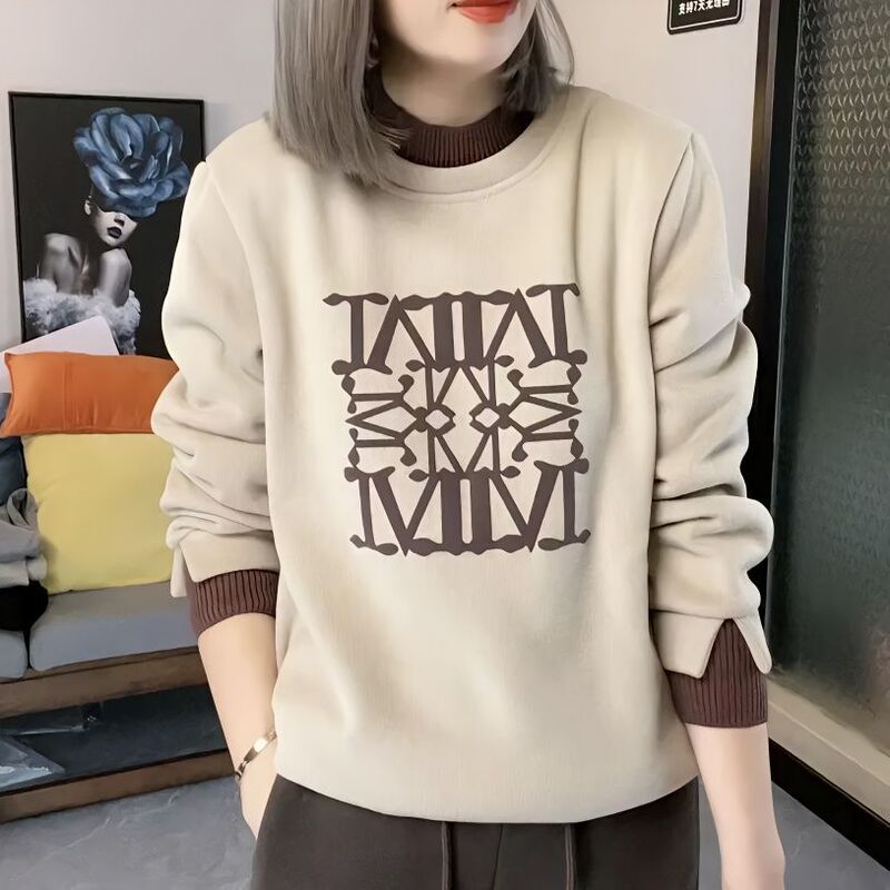 Women's Autumn and Winter New Sweatshirt, Faux Two-Piece, Color-Blocking, Fleece-Lined, Thickened, Korean Fashion, Loose, Versatile, Slimming Top