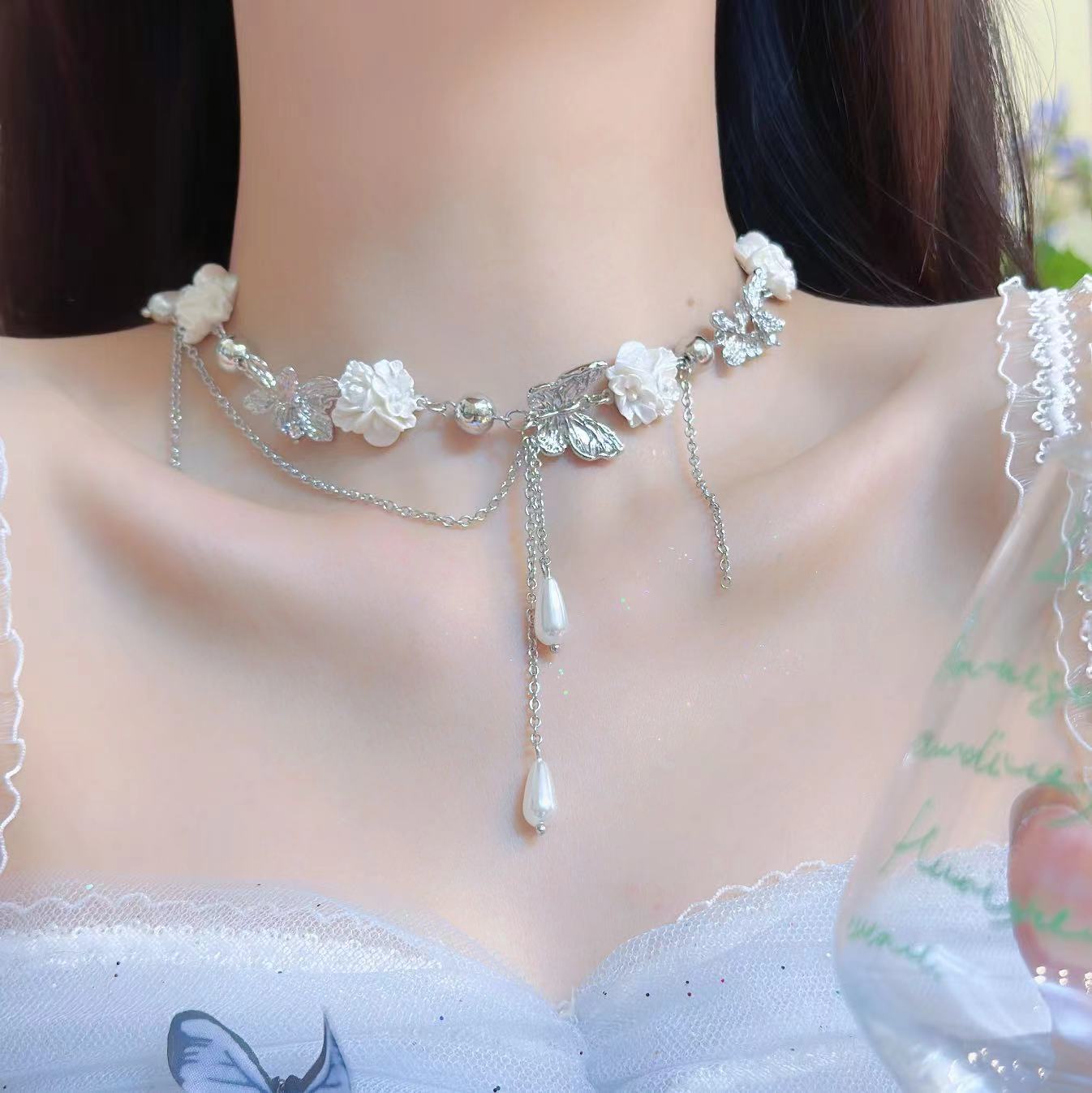 甜酷辣妹花朵蝴蝶珍珠流蘇項鍊choker項圈女小眾設計頸鏈配飾批發