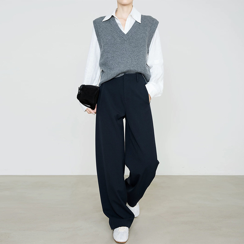 Old Money Style Casual Extended-Length Tencel Wool High-End Suit Pants for Women, Slimming and Drapey, Suitable for Commuting, in Dark Blue Straight Cut