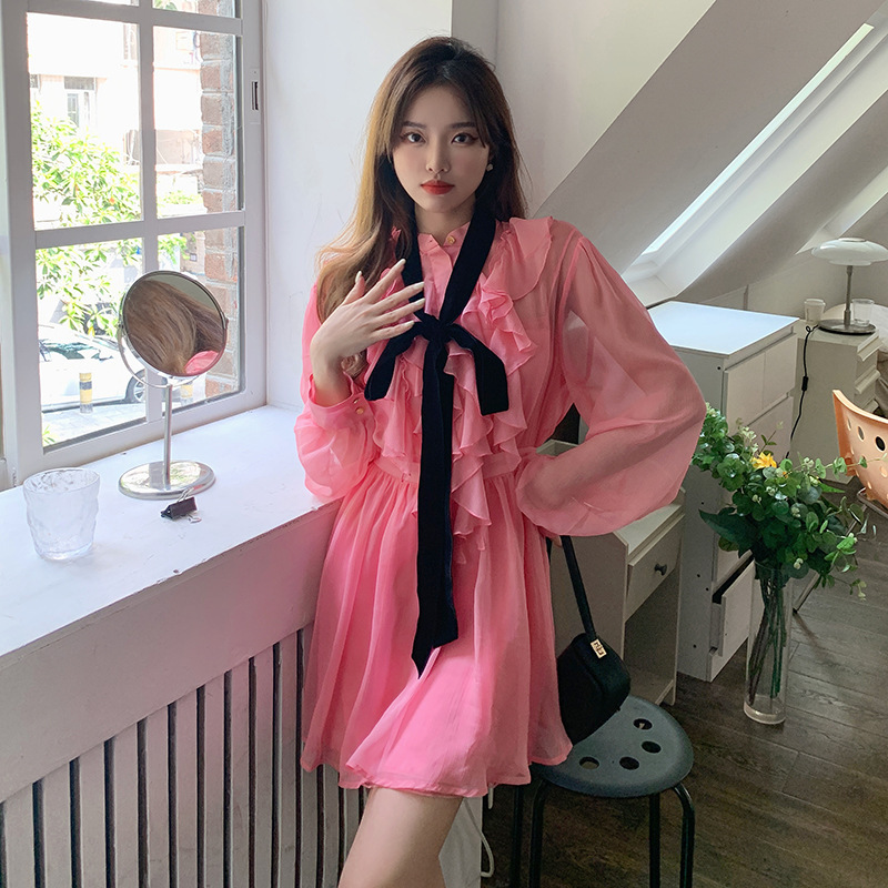Vintage line/pink chiffon shirt dress women's waist slimming fairy dress Vintage line/pink chiffon shirt dress women's waist slimming fairy dress