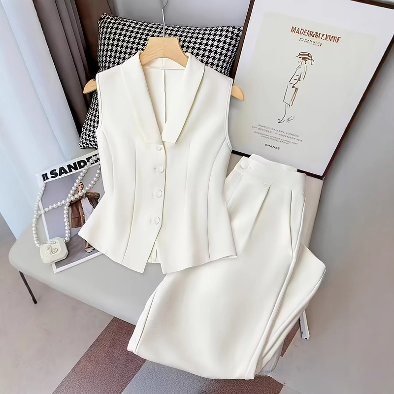 European and American Style Elegant Women's Sleeveless Single-Breasted Vest and Casual Straight-Leg Pants Set