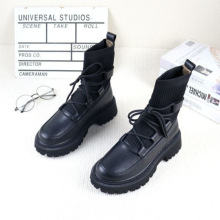 丁靴女2025秋季新款英伦风时尚百搭中筒靴厚底针织系带靴子女潮酷