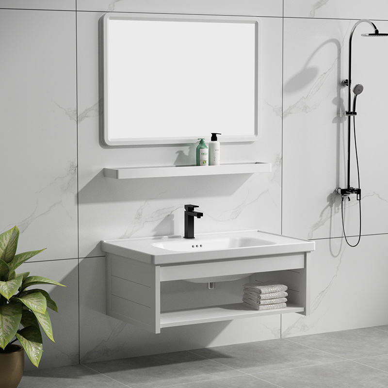 Lavabo simple gabinete combinación espacio aluminio baño montado en la pared de cerámica integrado encimera baño mesa de lavado de piscina