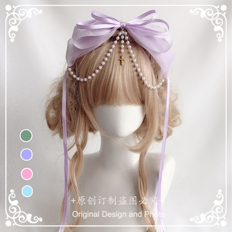 Original homemade lolita double-layer bow ribbon headband lolita Pearl cross pendant headband hair accessories