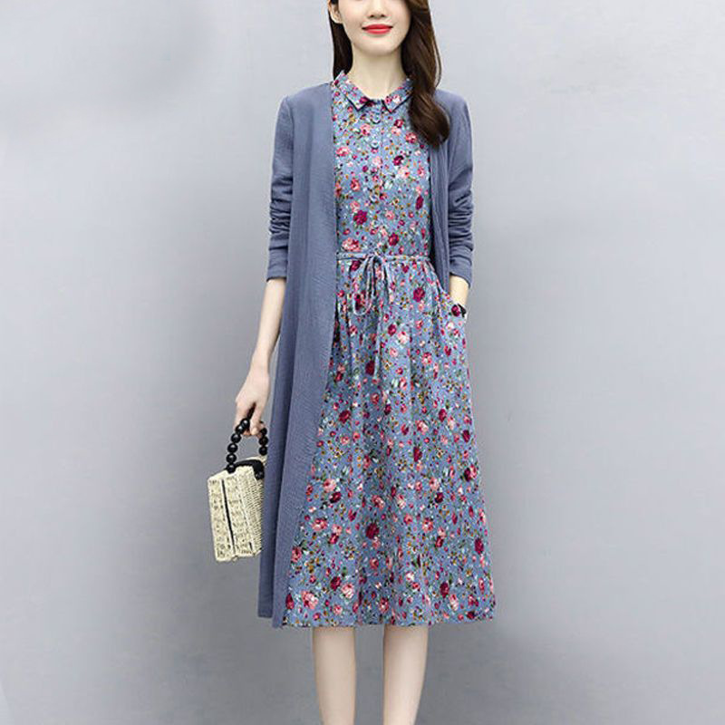 Cotton and Linen Dress Spring & Fall New Floral Mid-Length Skirt Long-Sleeved Jacket Suit Elegant Slimming Look Two-Piece Set