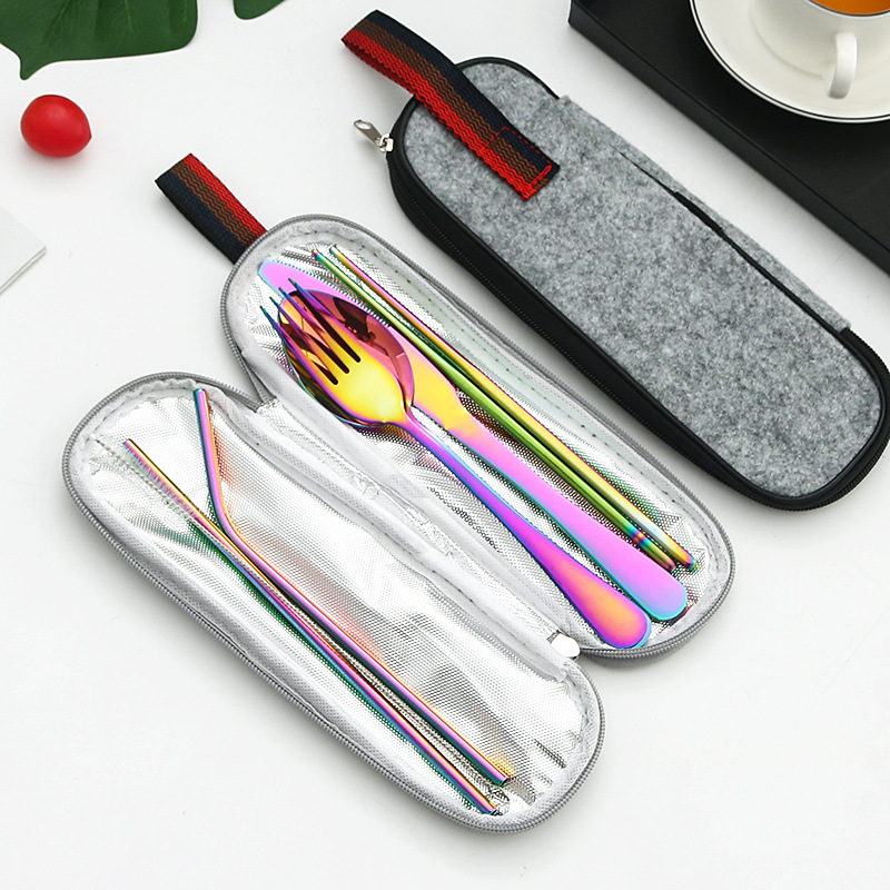 Amazon transfronterizo conveniente vajilla de acero inoxidable 7 piezas conjunto 1010 cuchillo, tenedor, cuchara, palillos, traje de viaje al aire libre de paja