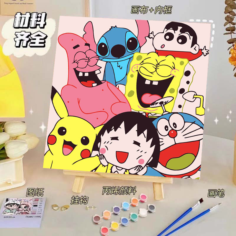 Pintura al óleo digital de bricolaje, dibujos animados para niños, pinturas para colorear hechas a mano, lindos puestos de animación curativos, comercio exterior transfronterizo