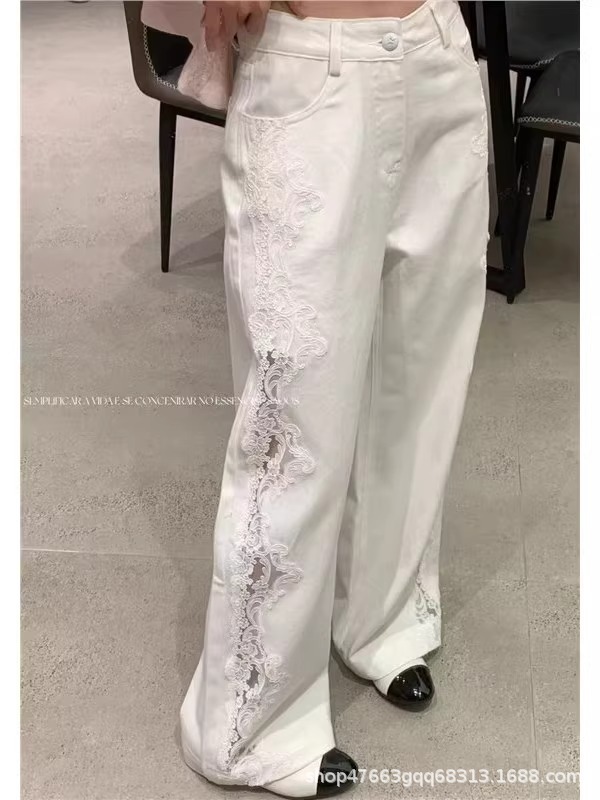 2025夏季新款韩版设计感蕾丝镂空牛仔裤女高腰休闲水洗浅色直筒裤|undefined