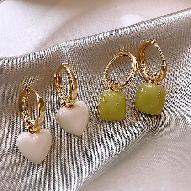 Square, Heart Shape Pattern 1 Pair Retro Square Heart Shape Metal Enamel Women's Drop Earrings