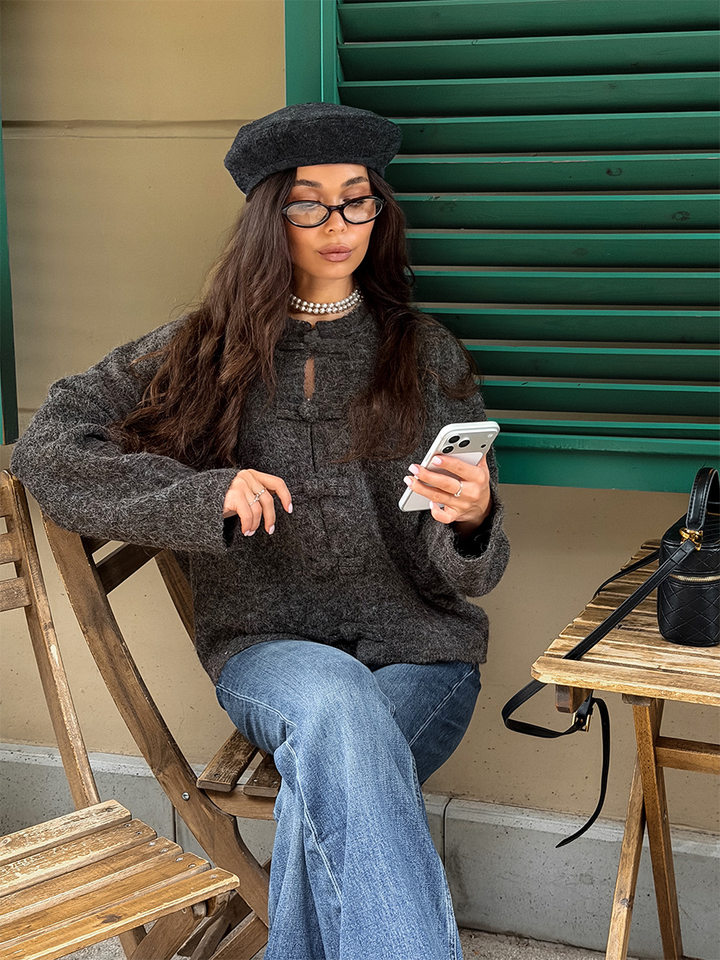 Áo cardigan len dài tay cổ tròn màu trơn cài khuy, form rộng — Màu tím, Xanh nhạt, Xanh quân đội, Xanh rêu đậm