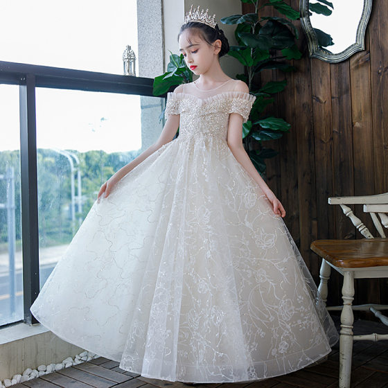 Girls' catwalk gown off-shoulder princess dress puffy yarn Flower Girl Wedding Girl host piano performance gown