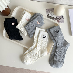襪子女秋冬款蝴蝶結中筒襪麻花紋黑白灰堆堆襪女士中筒襪批發諸暨