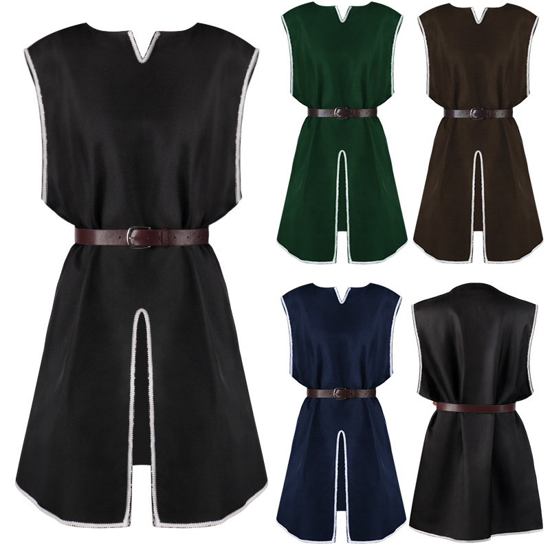 歐美亞馬遜新萬聖節男式套頭寬鬆長袍中世紀男式圓領束腰長袍外衣