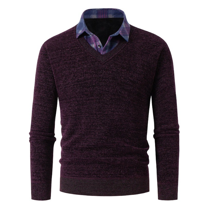 25 Middle-Aged and Elderly Winter Clothing New Export Men's Fake Two-Piece Shirt Collar Fleece-Lined Knitwear Casual Bottoming Knitwear for Men