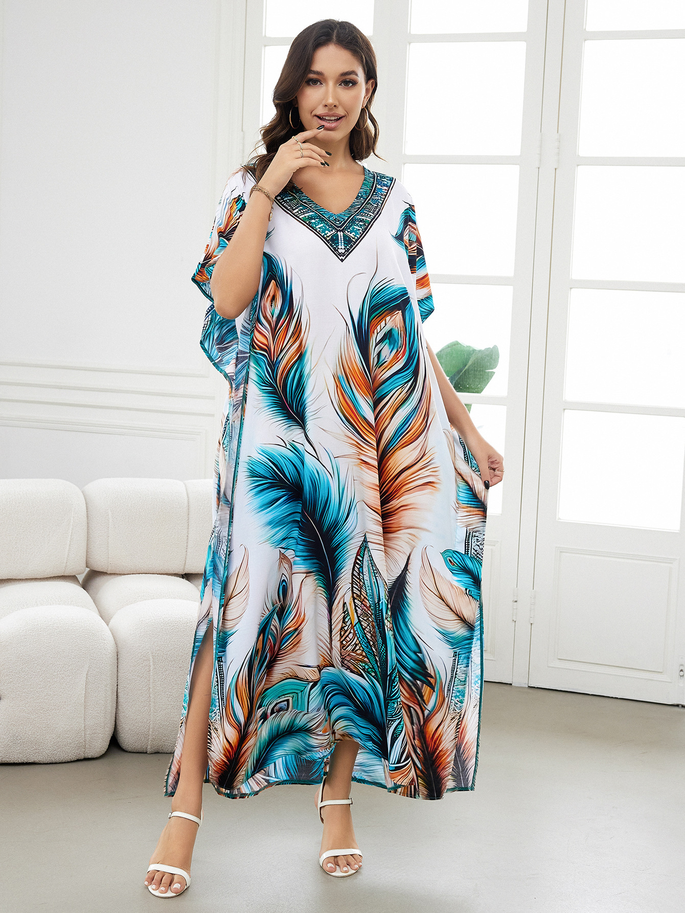 Rochie de plajă lungă kimono dama boho viscoză tie-dye_voghion.com