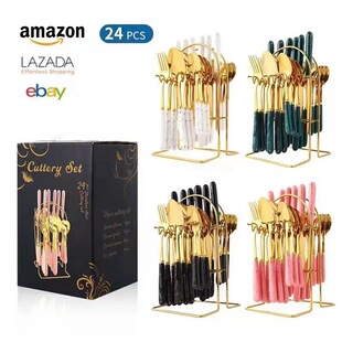 Cross-Border Stainless Steel Tableware 24-Piece Set Scandinavian Hotel Western Tableware Steak Knife Fork Spoon Storage Rack Gift Box Set
